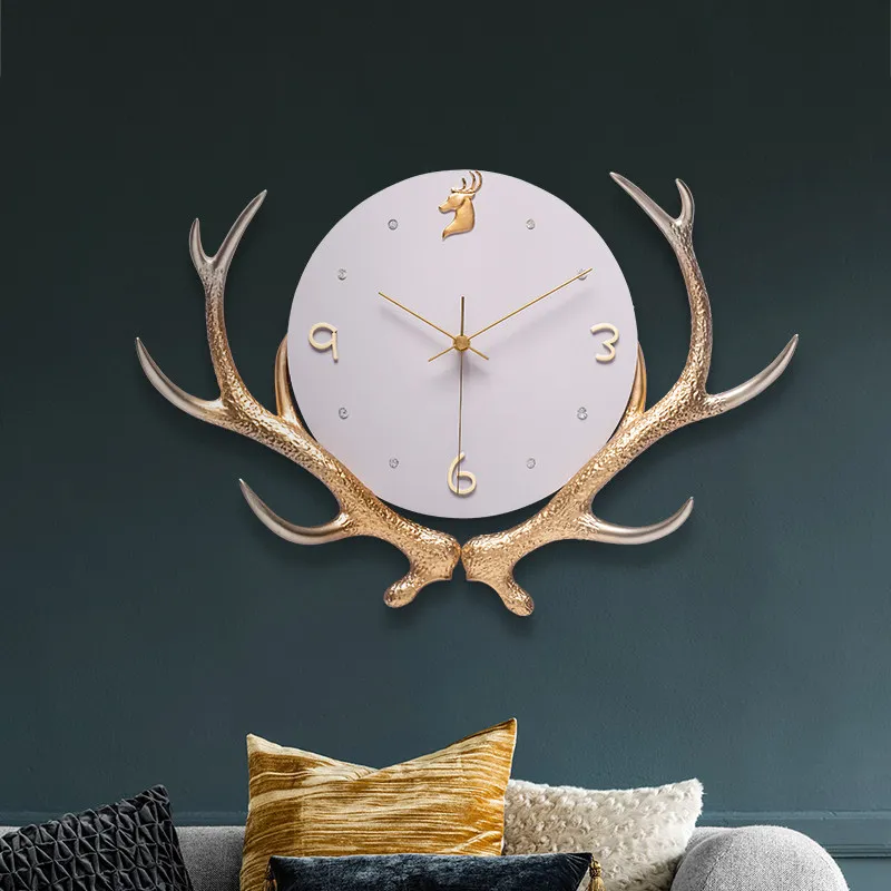 Modern Luxury Deer Resin Wall Clock Hangings Art Home Livingroom Sticker Crafts Hotel Lobby Mural Decoration