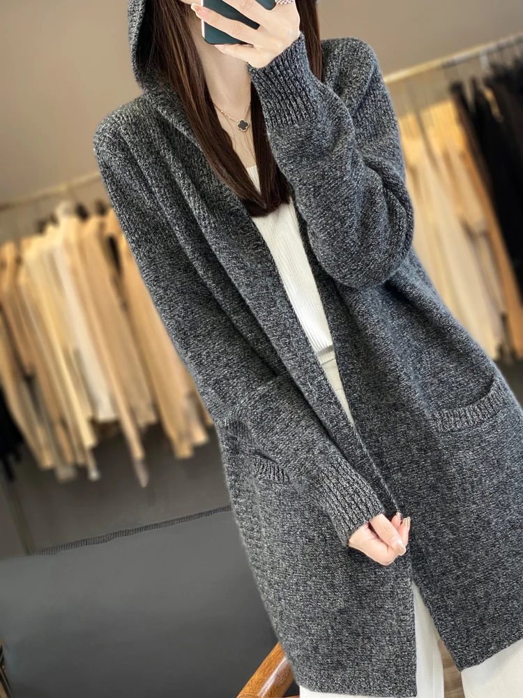 

Women 100% Merino Wool Mid-long Cardigan Hooded Collar Outwear Sweater Autumn Winter Loose Warm Cashmere Knitwear Female Coat