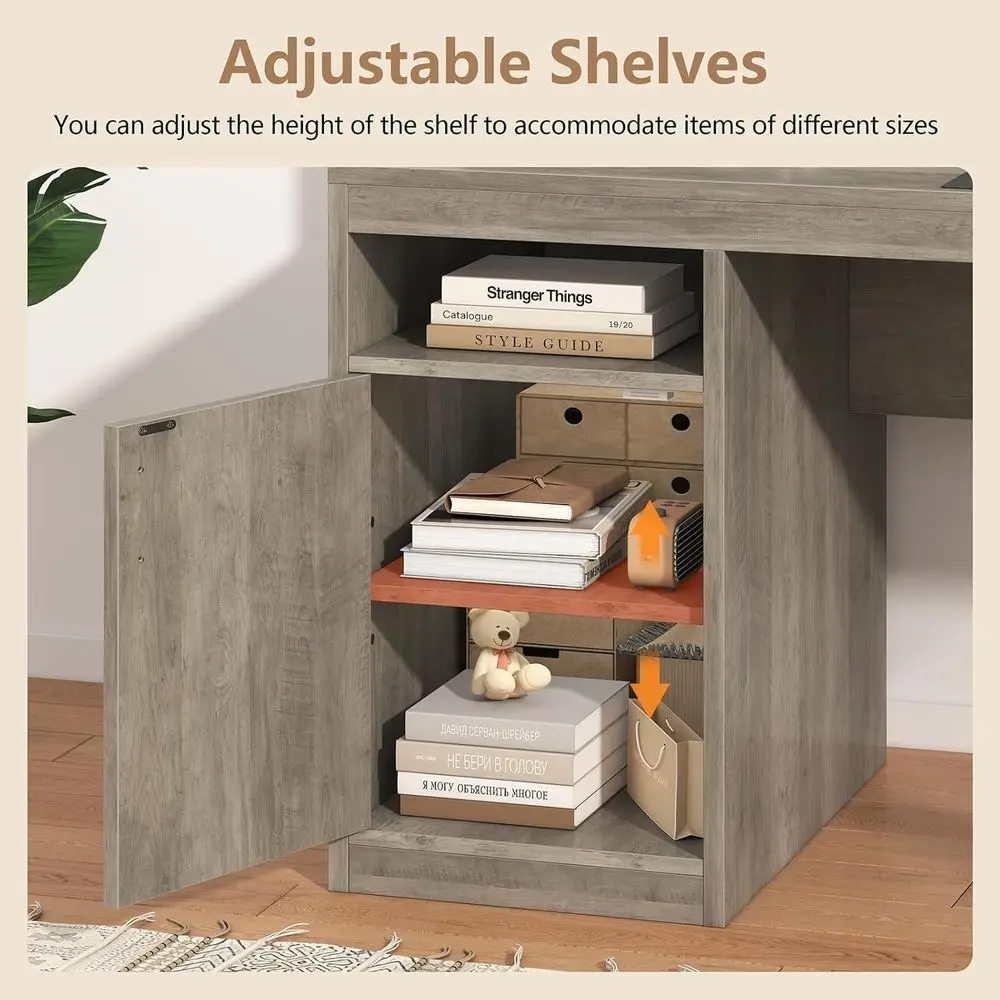 65 Grey Executive Desk with 3 Drawers, Storage Shelves, Monitor Stand, and Printer Shelf