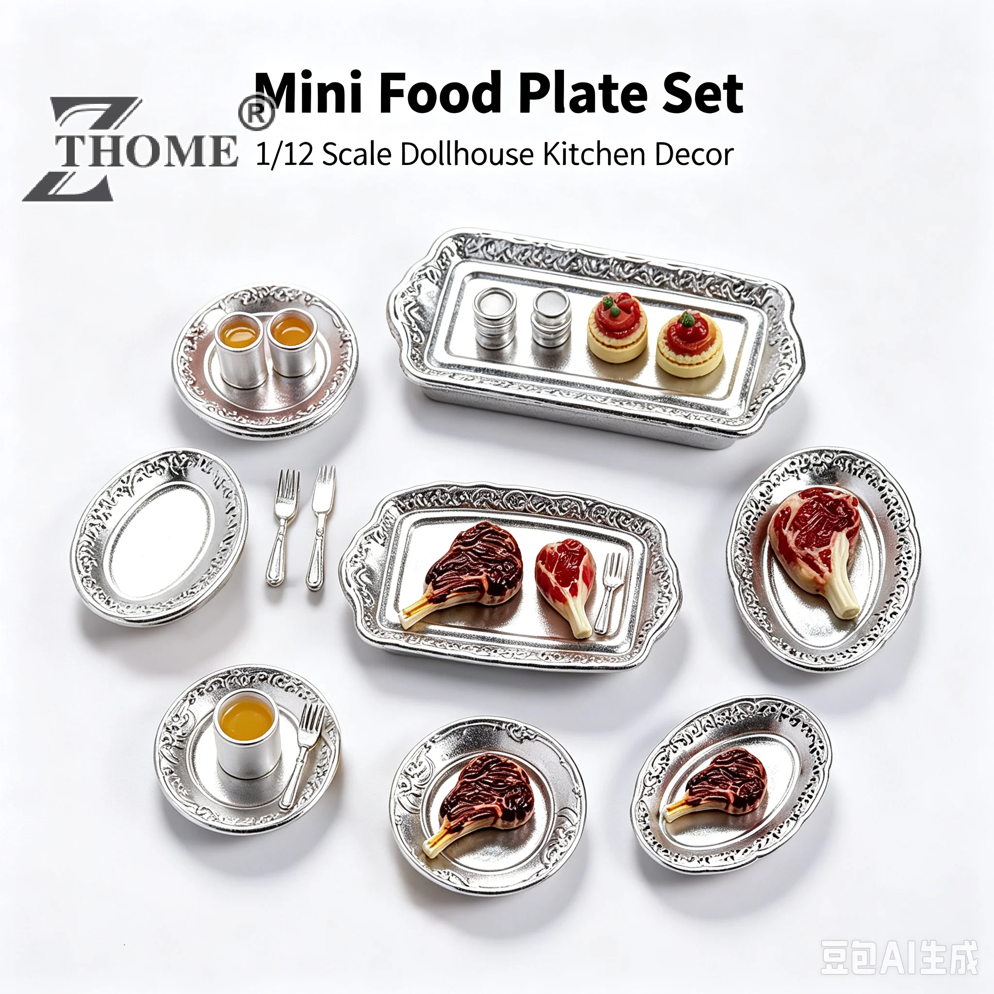 10pcs/Set Miniature Simulated Steak Vintage Silver Serving Trays Dollhouse Kitchen Scene Decoration Diorama Craft Projects