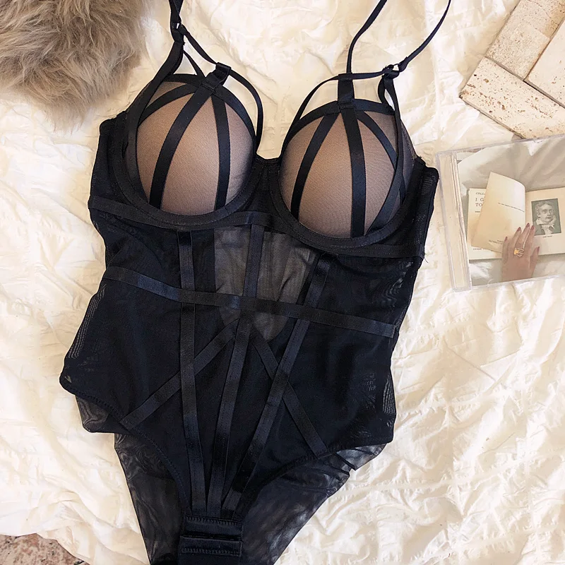 Sexy Bodysuit Jumpsuit Thicken Push Up Women Sexy Mesh Transparent Body Women Underwear Ladies Sleepwear Hollow Out Underwire