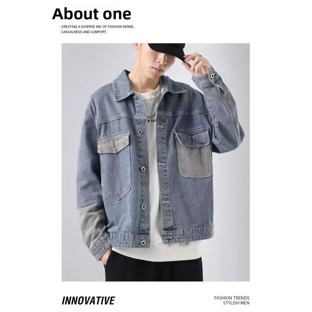 

New 2023 Men's Loose Fit Waed Denim Patchwork Jaet Casual Versatile Autumn Faion Outerwear Polyester Fiber Coat