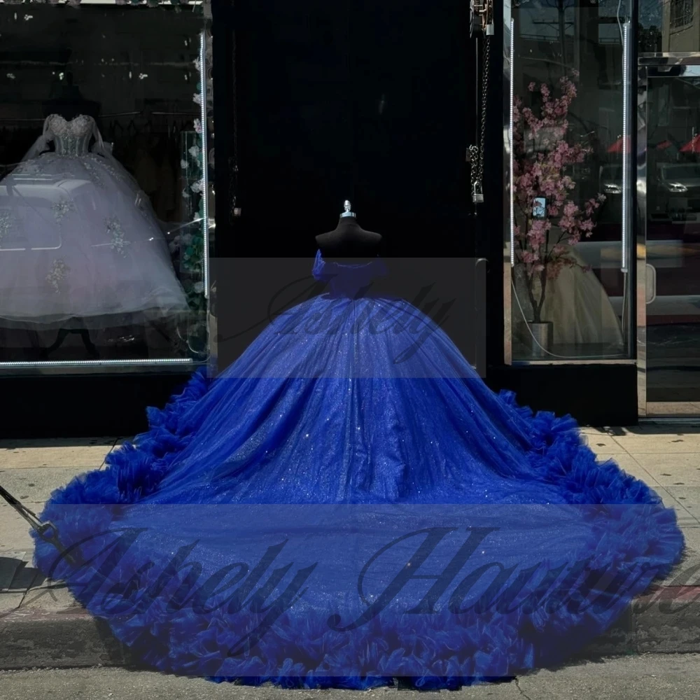 A16991 Sukienki Quinceañera dla 15-latki w kolorze prawdziwego królewskiego błękitu, zdobione koralikami, z falbankami, bufiaste, na bal, urodziny, specjalne okazje, szyte na miarę