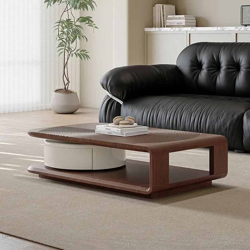 Simple Modern Rotatable Coffee Table with Drawer Storage Natural Walnut Leather High End Tea Table for Living Room
