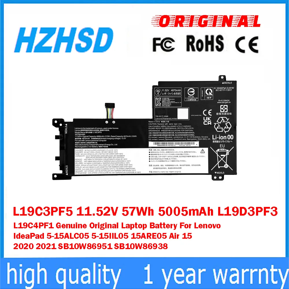 

L19C3PF5 11.52V 57Wh 5005mAh L19D3PF3 L19C4PF1 Genuine Original Laptop Battery For Lenovo IdeaPad 5-15ALC05 5-15IIL05 15ARE05
