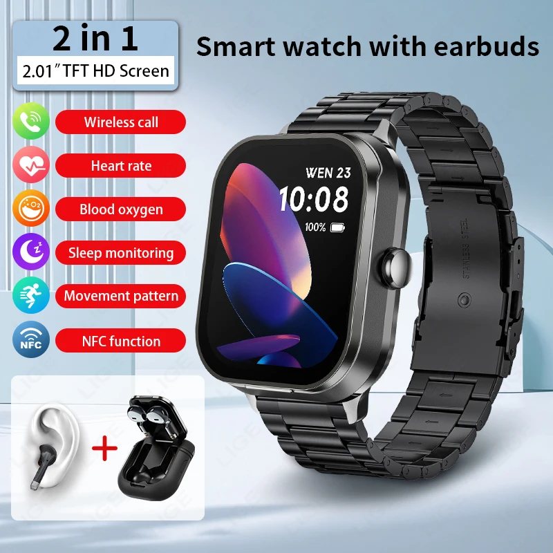 LIGE NFC 2 In 1 Bluetooth Headset Smart Watch TWS Music Earbuds Men SmartWatch Blood Pressure Monitoring Sport Fitness Watches