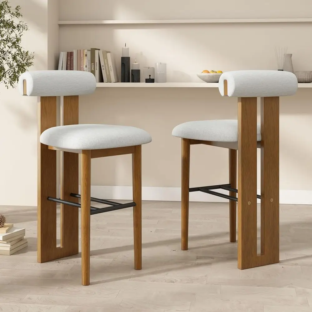 

Set of 2 Walnut Upholstered Bar Stools, 29.5 High, Circular Cloud Top with Ivory Padding for Kitchen Island Dining