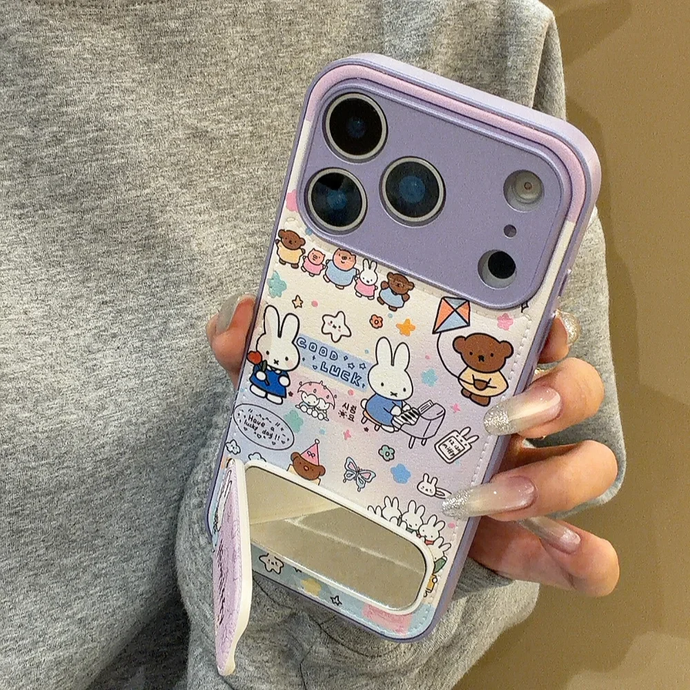 

Stylish Leather Cartoon Rabbit Purple Phone Case for iPhone 17 Pro 15 14 16 Pro Max Cover Cute Fundas Protective Cove with Stand