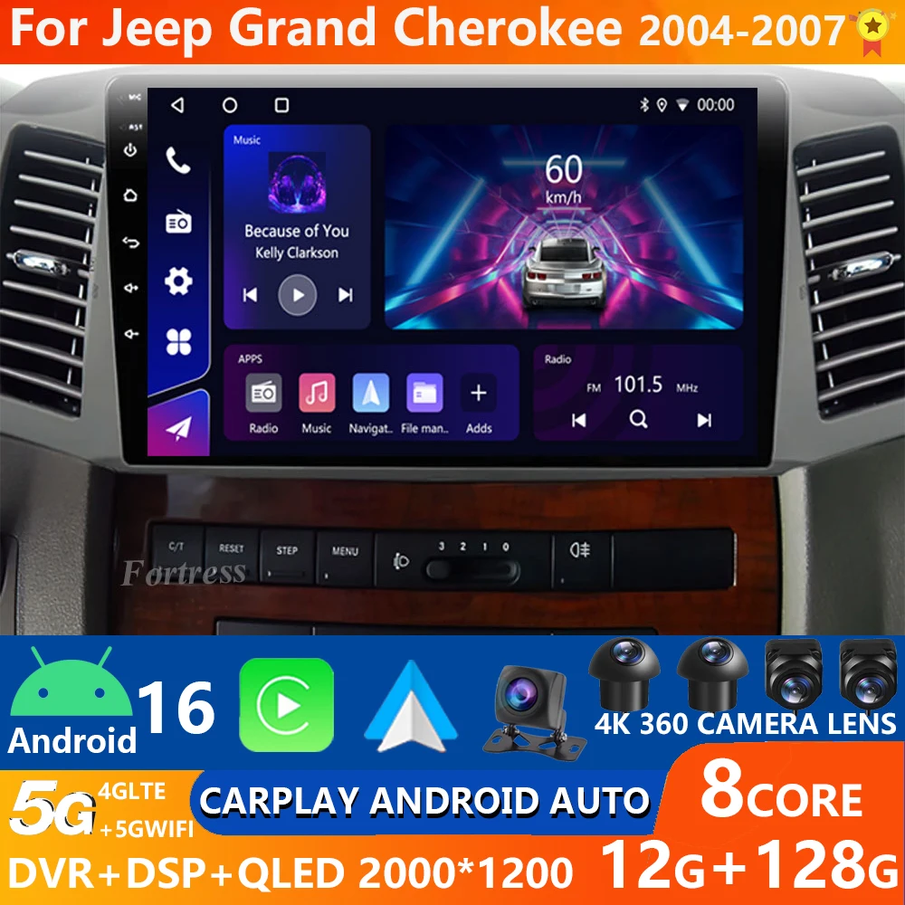 Android16 Carplay para JEEP Grand Cherokee WK 2004 2005 2006 2007 Multimedia Radio de coche reproductor de navegador vídeo Android auto WIFI 1