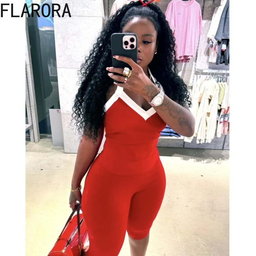 

FLARORA Casual Sporty Two Piece Sets Woman Halter Sleeveless V Neck Slim Tops And Skinny Capri Pants Outfits Summer Streetwear
