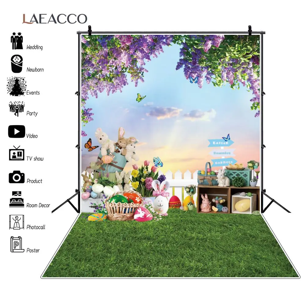 

Spring Easter Butterfly Backdrop for Photography Colorful Eggs Rabbit Flowers Grassland Photo Background Baby Birthday Backdrop
