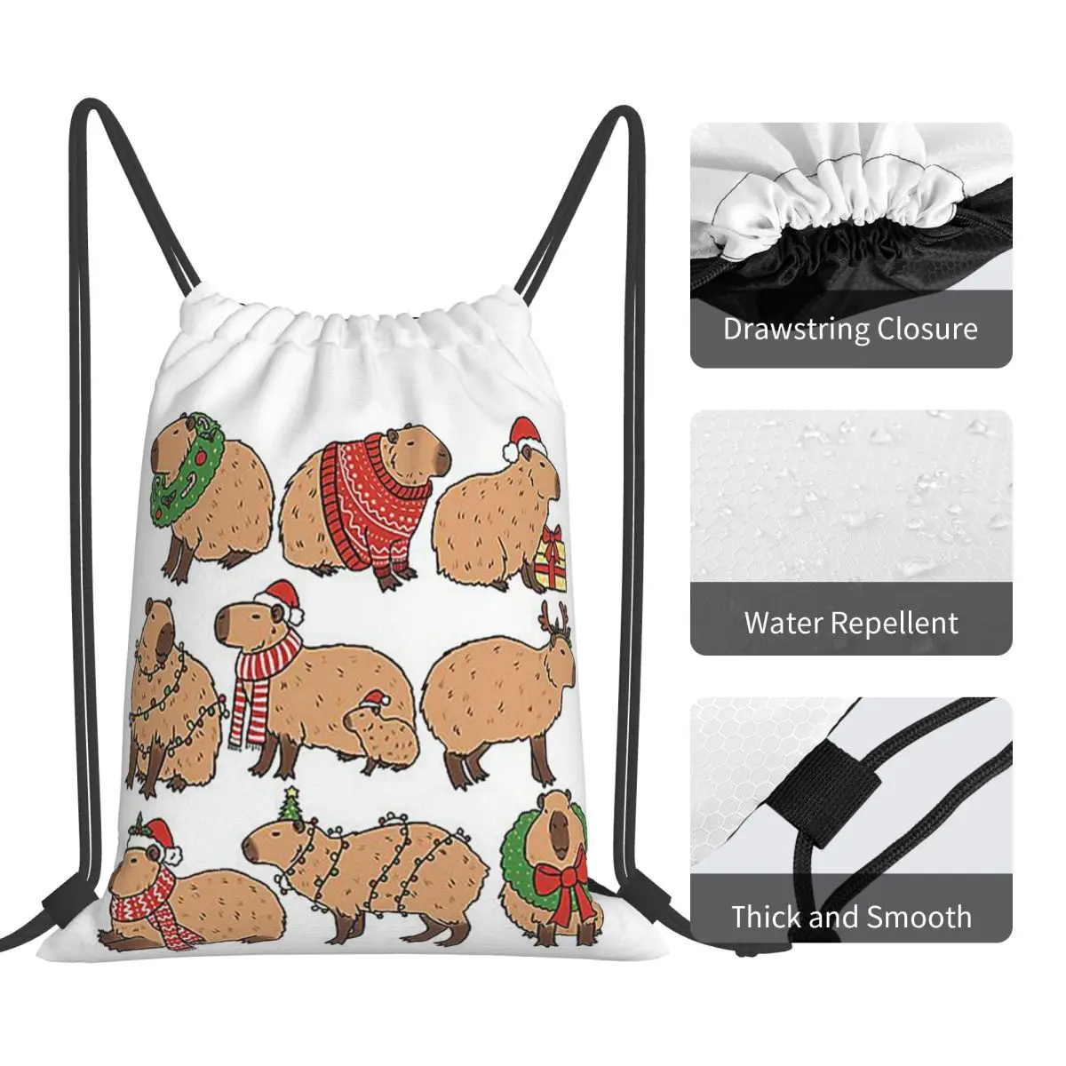 Capybara Christmas Holiday Capybara Lovers Backpacks Fashion Portable Drawstring Bags Sports Bag Book For Man Woman Students