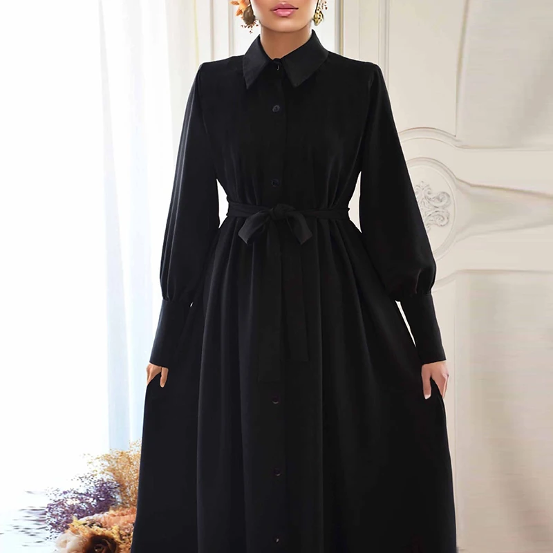 

Elegant Button Pleat Solid Party Dress Women Temperament Lapel Collar Lace-up Shirt Dress Causal Lantern Long Sleeve Long Dress