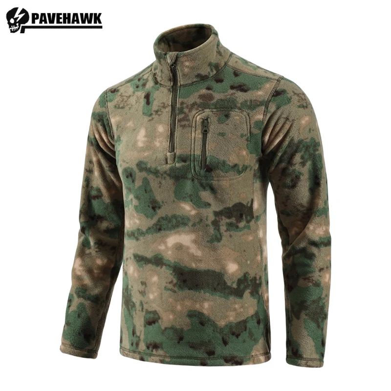 Winter Fleece Training Sweatshirt Mens Stand Collar Pocket Zipper Warm Tactical Combat Tops Outdoors Camouflage Charge Pullover