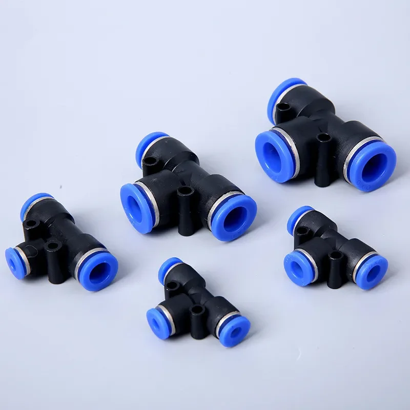 10 stks/partij zwart/Blauw Pneumatiek Pijp Montage Plastic Quick Connector t-type Tee Drie-Way Quick connector PE-6/8/10/12/14mm