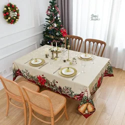 Christmas Poinsettia Jacquard Rectangle Tablecloth Party Decor Waterproof Xmas Table Cover for Kitchen Dining Christmas Decor
