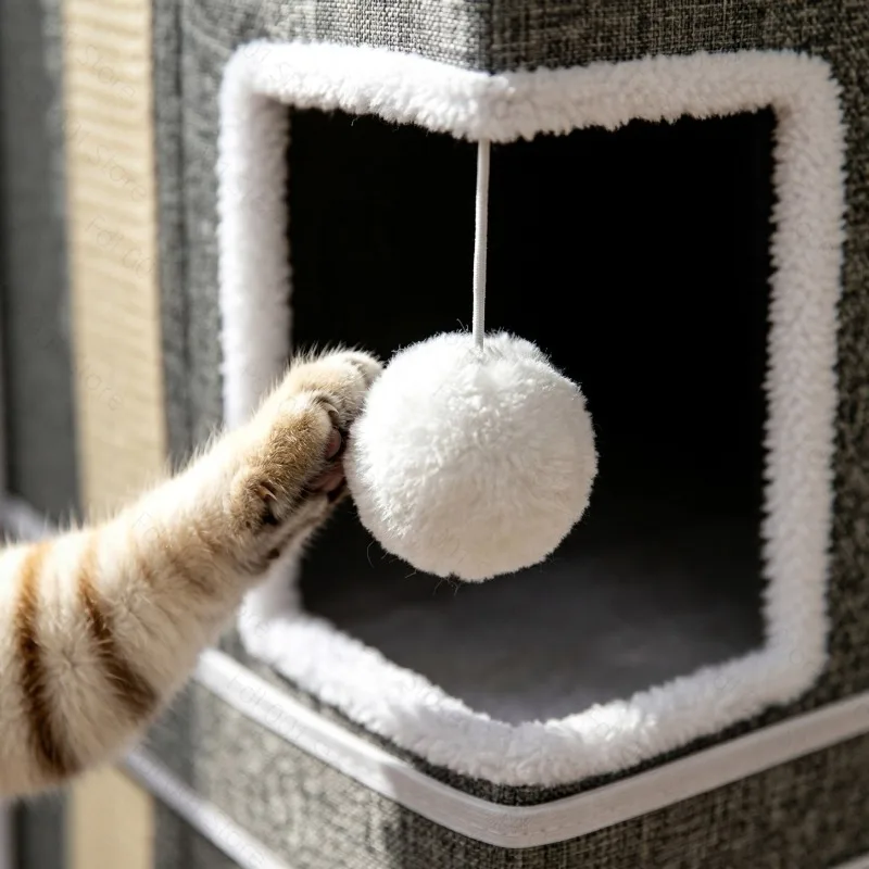 Three-layer Side-opening Folding Cat Bed Winter Warm Strap with Scratching Board Suitable for All Seasons