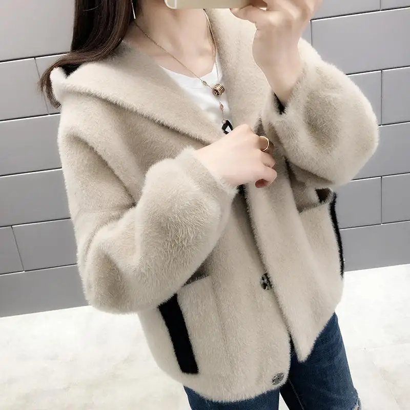 Autumn Winter Women's Hooded Solid Color Button Long Sleeved Letter Epaulet Flocked Cardigan Coats Casual Loose Office Lady Tops