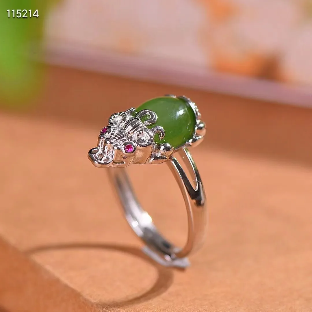 Natural 100% real 925 sterling silver brave troops rings inlaid real green hetian jade Open Rings for women Attracting Wealth