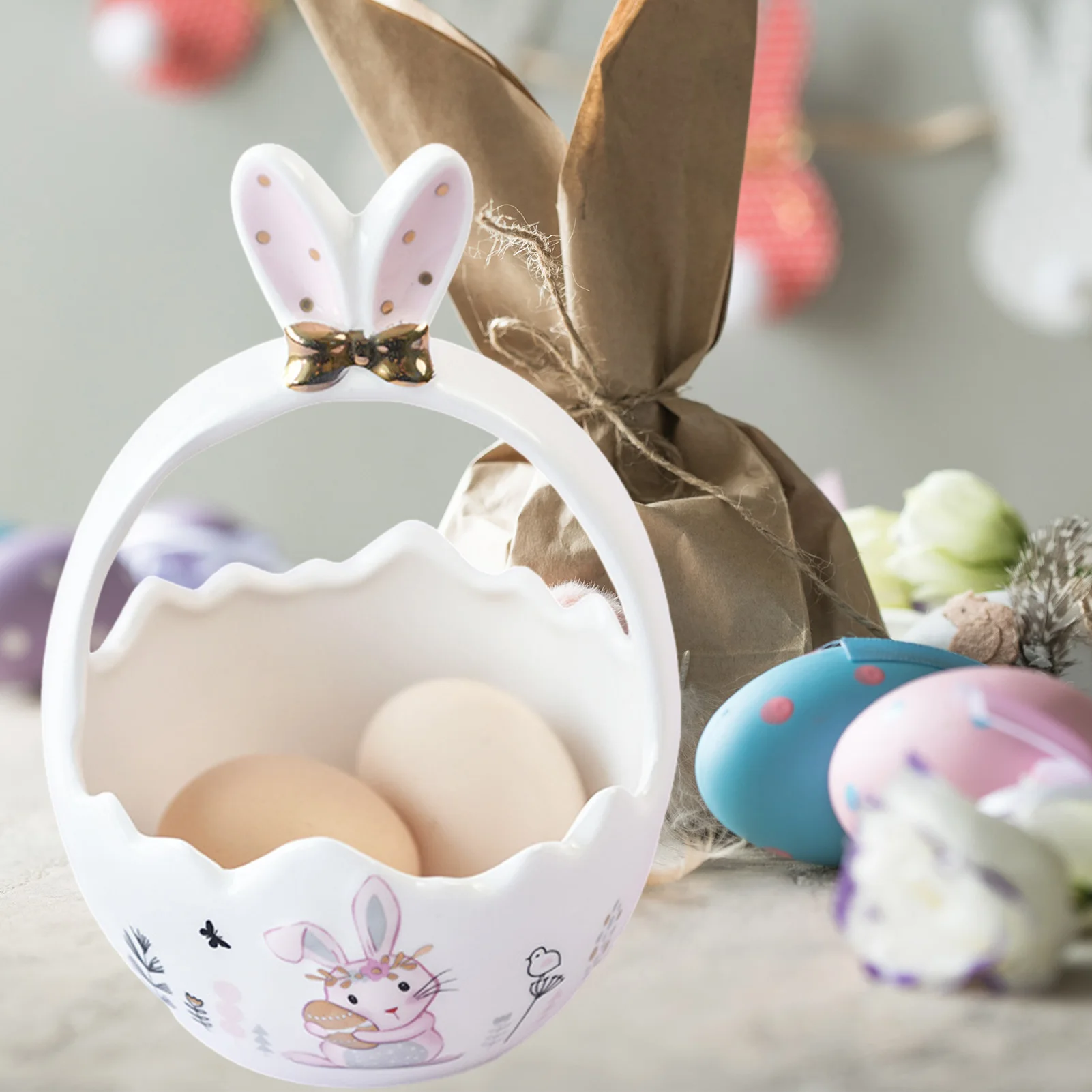 2025 Easter Rabbit Shaped Storage Basket Cute Bow Bunny Ear Ceramic Storage Box For Jewelry Cosmetic Candy Snack Party Gifts