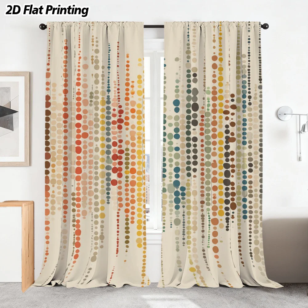 2PCS Digital Print Curtains, Bohemian Colorful Dot Vertical Stripe Pattern Beige, Ethnic Boho Style for Living Room ／ Boho Chic