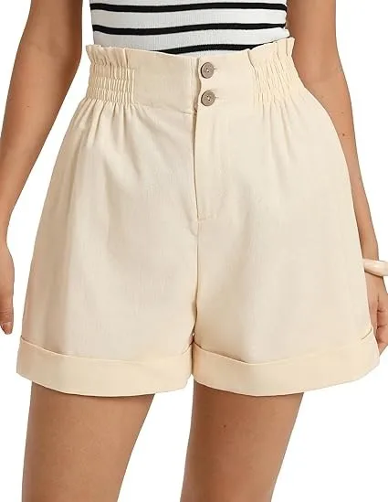 Women's Solid Color Elastic Waist Straight Leg Capri Shorts with Button Zipper Pockets for Travel Camping Streetwear Everyday
