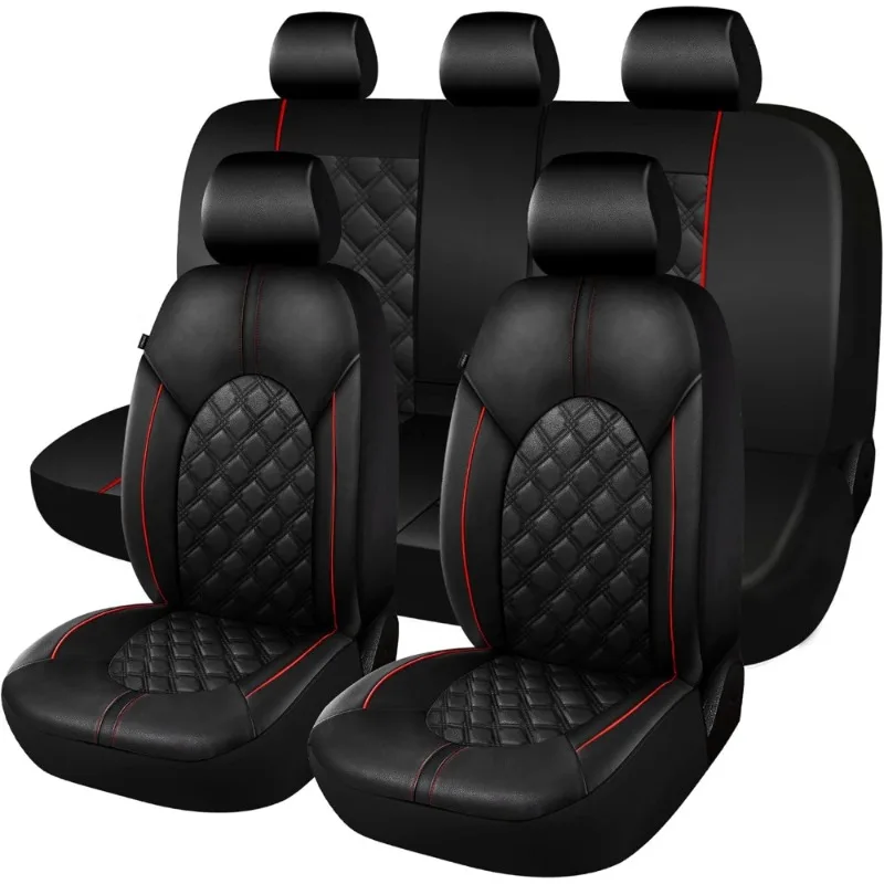 

Luxury PU Leather Car Seat Covers Full Set Waterproof Universal Split Bench Design for Sedan SUV Truck Black Red Line