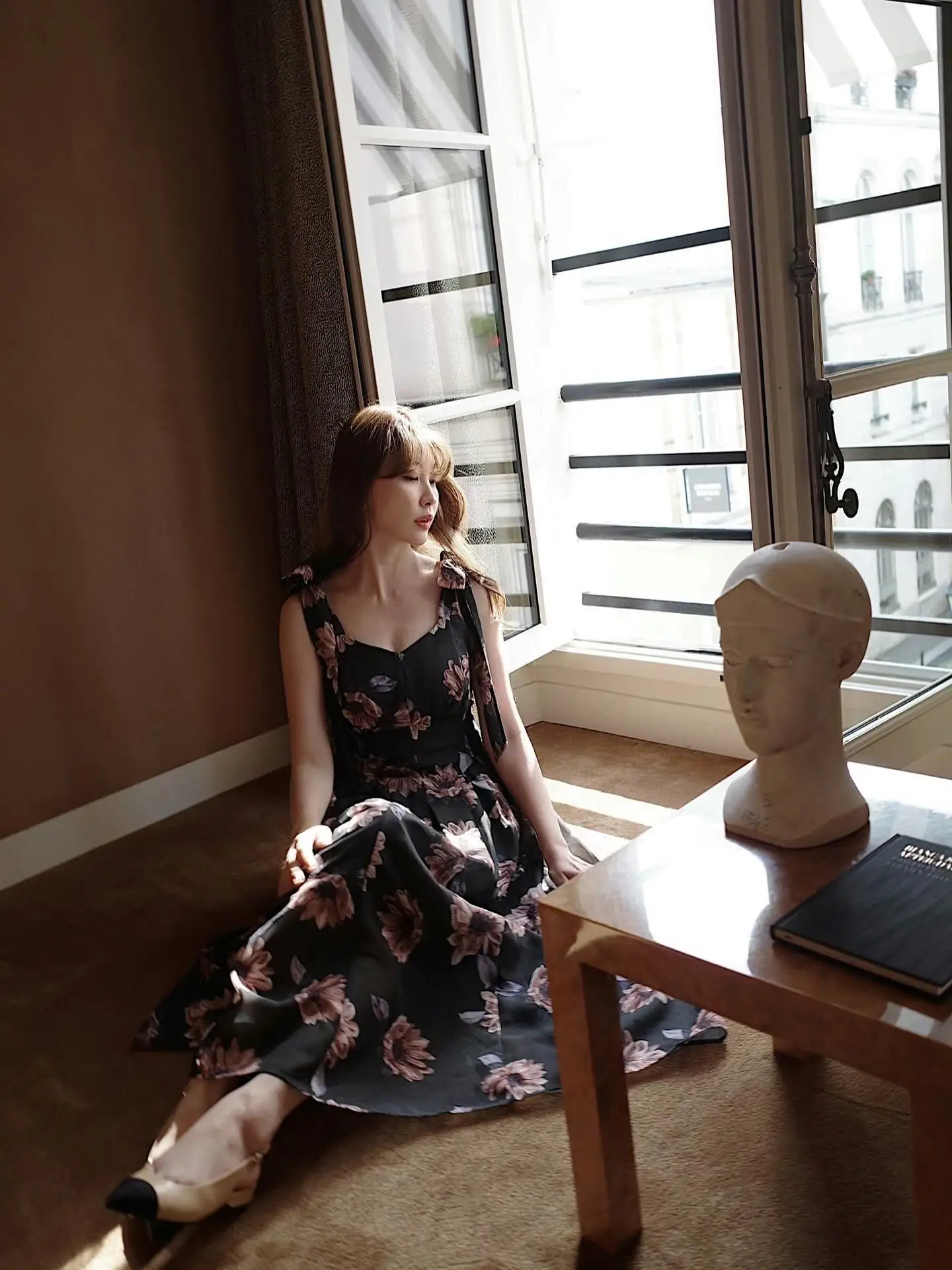 

Early Autumn New Arrival Women's Dress with Sash And Shoulder Strap Sunflower Print Knot High Waist A-Line Skirt