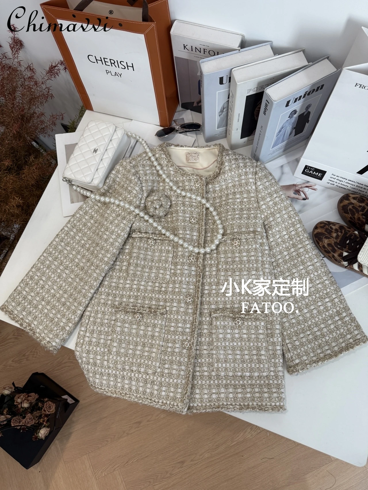 

Высококачественное твидовое пальто средней длины в стиле ретро для женщин, осень-зима 2022, новая элегантная куртка кофейного цвета с длинными рукавами и длинными рукавами, топ