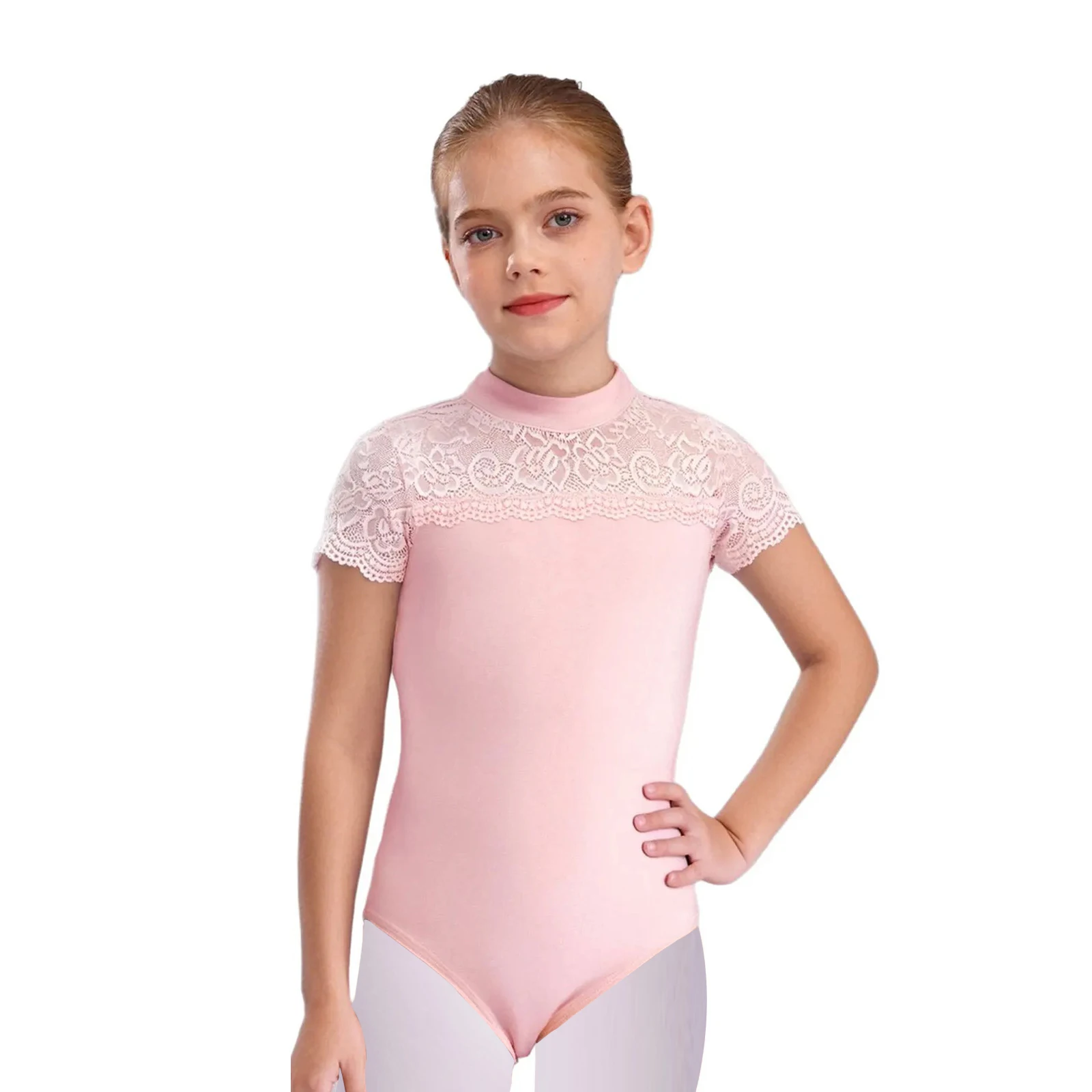 

Kids Girls Ballet Dance Leotard Cotton Short Sleeve Keyhole Back Lace Patchwork Bodysuit for Gymnastics Practice Performance