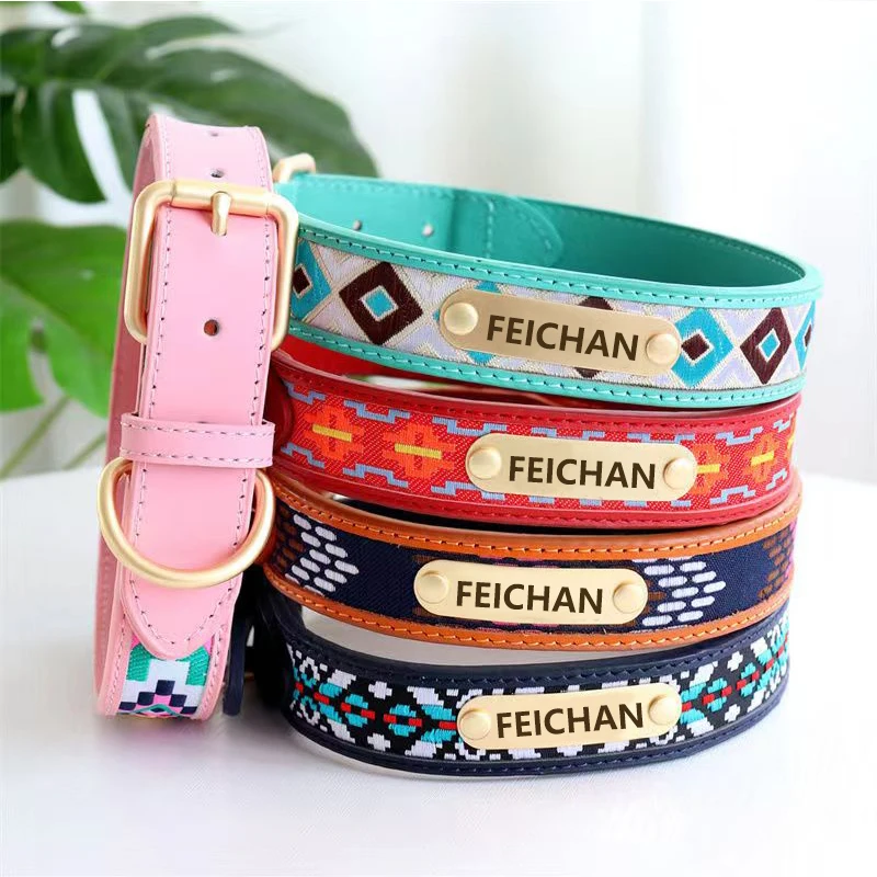 Genuine leather, ethnic style, embroidered and customizable pet fashion collar pet fashion design