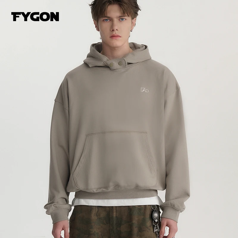 Fygon Cropped Boxy Fit Men's Hoodies 100% Cotton French Terry Relaxed Letter Embroidery Hoodie Rivet Buckle Hooded Sweatshirt