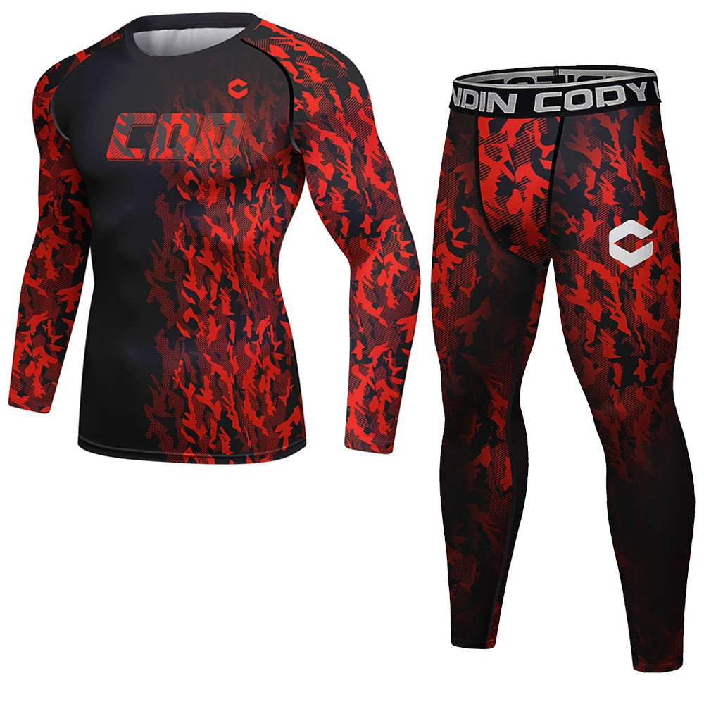 Fitness Camo Sports Set Men Compression Shirt 2Pcs/Sets Sportswear MMA Rashguard Mens Joggers Leggings Gyms Bodybuilding Tights