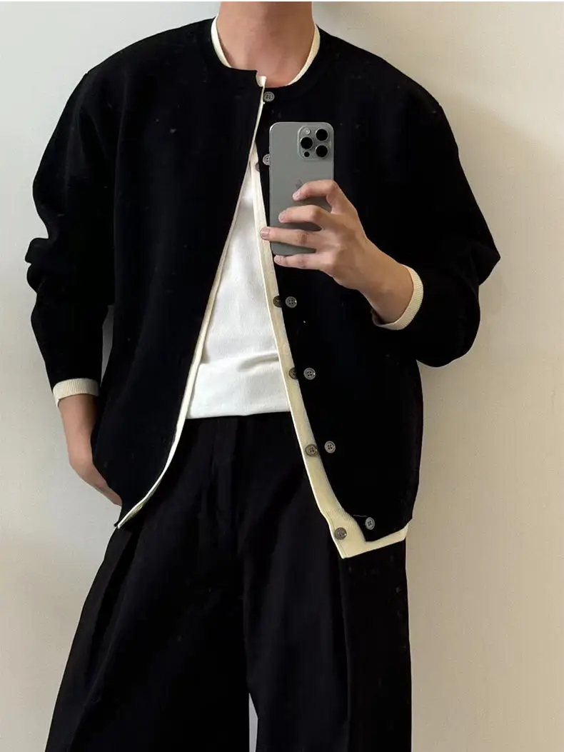 

Thickened knitted cardigan fake two pieces wear simple round neck long sleeves lazy layered sweater jacket
