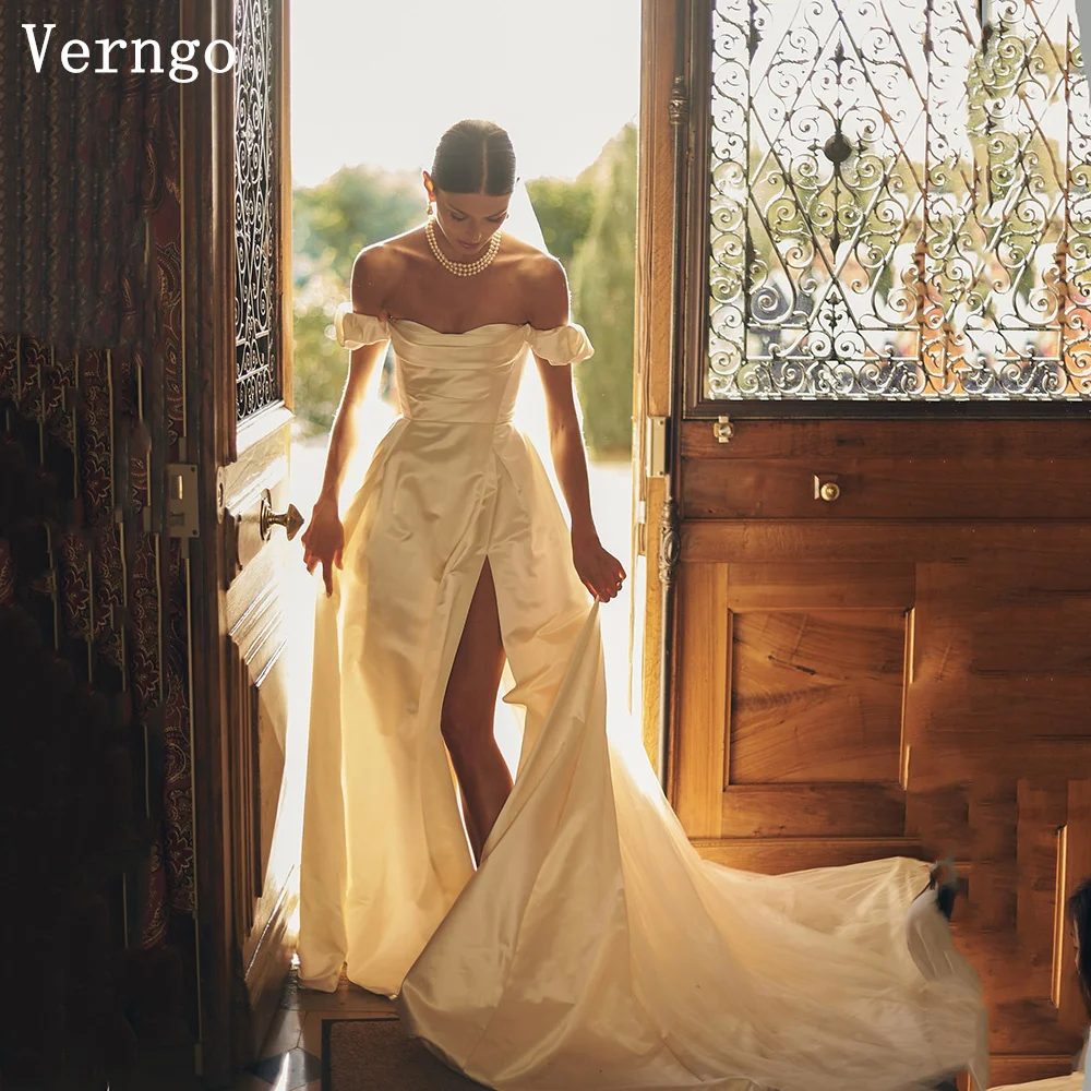 

Verngo Beige Wedding Dress Off The Shoulder A Line Sweap Train Elegant Bridal Gowns Women Split Prom Bride Dresses Customized