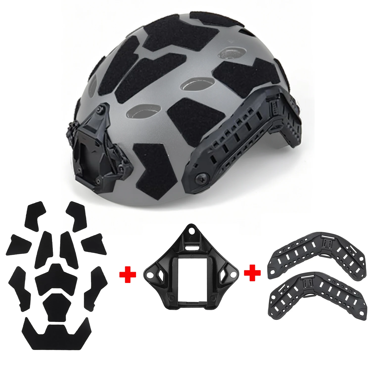 FAST Helmet Accessories Bundle, ARC Side Guide Rails + NVG Helmet Shroud Adapter + 11Pcs Hook and Loop Patches Set