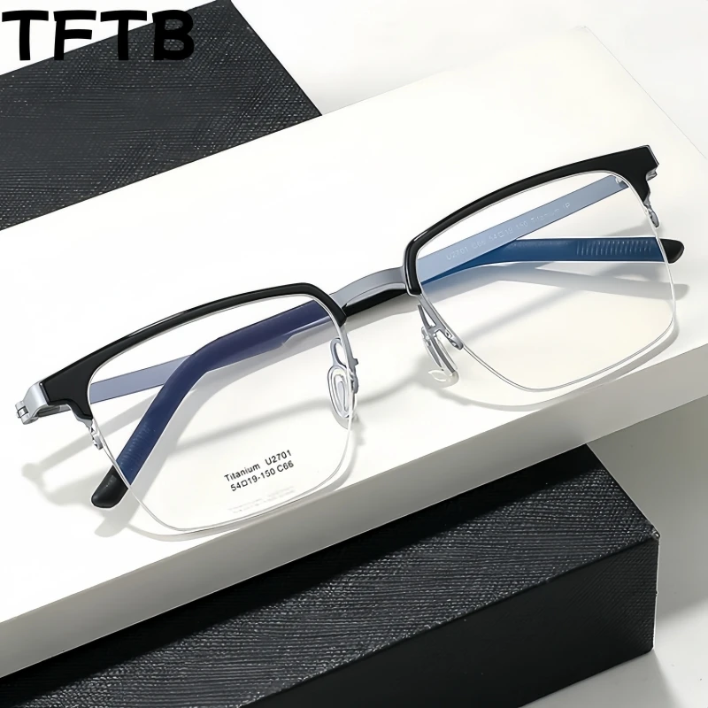 

TFTB Business Simple Men Half-frame Glasses Ultra-light Flexible Titanium Retro Square Optical Prescription Eyeglasses Frame U27