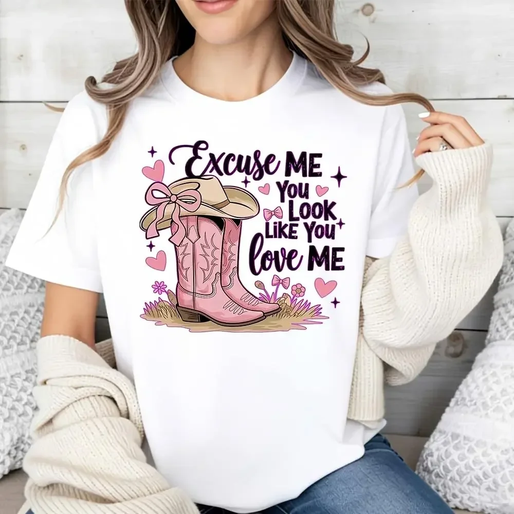 Western Style Women's T-Shirt With Pink Cowboy Boots And Hat Design Featuring The Phrase Excuse Me You Look Like You Love Me Perfect For Casual Wear In Spring And Fall Ideal Gift For Cowgirl Lovers And Country Music Fans,sohochic