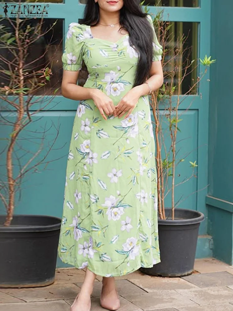 ZANZEA 2025 Bohemian Dress Women Elegant Printed Maxi Long Sundress Short Puff Sleeve Summer Vestidos Casual Loose V-Neck Robe