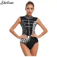 Body de patinaje artístico para mujer, leotardo gimnástico con diamantes de imitación brillantes, traje para actuación en escenario, Tops, traje de fiesta de baile, Ropa de baile