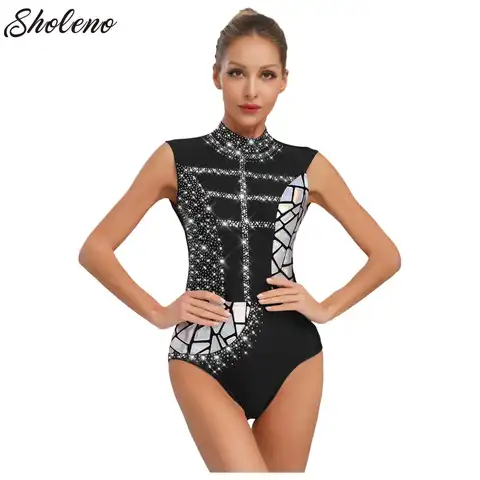 Womens Figure Skating Bodysuit Shiny Rhinestones Gymnastic Leotard Stage Performance Bodysuit Tops Dance Party Costume Dancewear