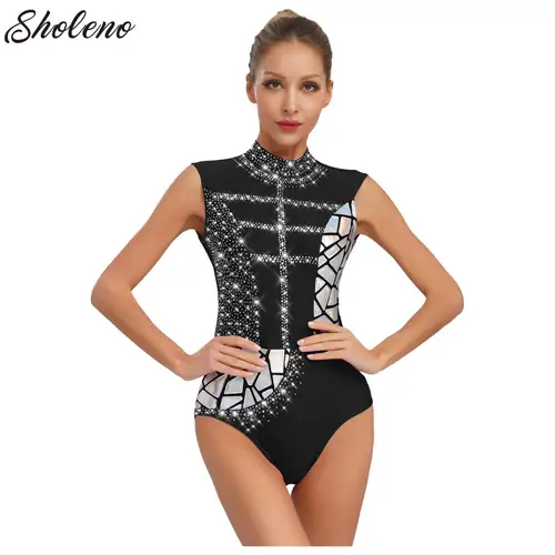 Imagen 1 del producto Body de patinaje artístico para mujer, leotardo gimnástico con diamantes de imitación brillantes, traje para actuación en escenario, Tops, traje de fiesta de baile, Ropa de baile