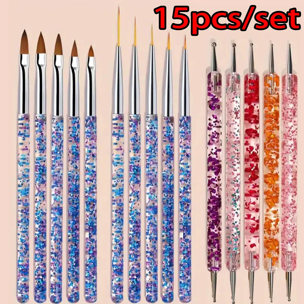 

15pc Acrylic Nail Brush Set Acrylic Powder Brush for Nail Extension 3DCarving,Ultra-Thin Line Drawing Pen,Dual-Ended Dotting Pen