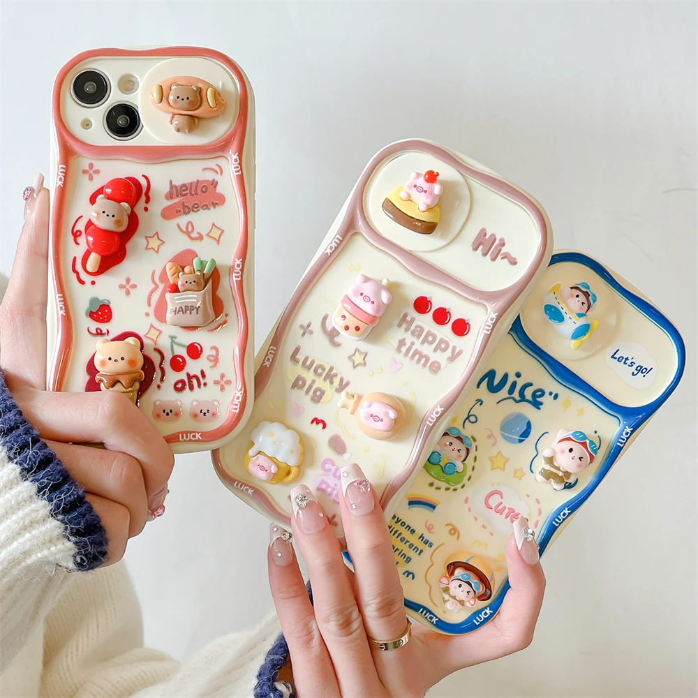 Korean Cute 3D Bear Pig Push-Pull Case for iPhone 15 13 14 Pro Max 14 15 Plus 11 Lovely Lens Protection Shockproof Wavy Cover