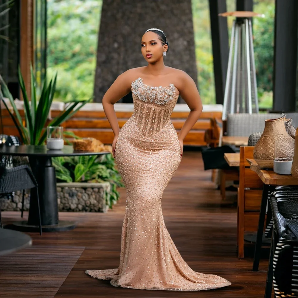 

Luxury Champagne Mermaid Evening Dress Strapless Diamond Decal Tight corset Ball Dress Formal Wedding Red Carpet Event Customize