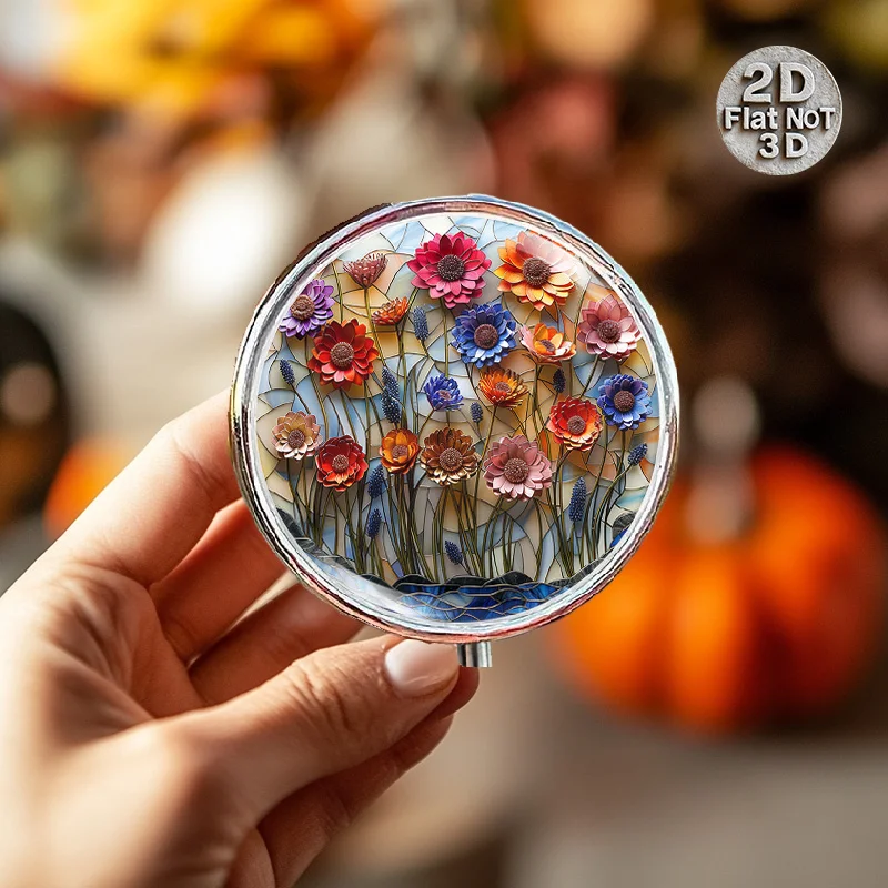 (Flat) 1pc portable round metal pill box decorated with colorful flowers and blue flowers, suitable for carrying while traveling or for storing daily medication, a gift for friends and family who care about their health