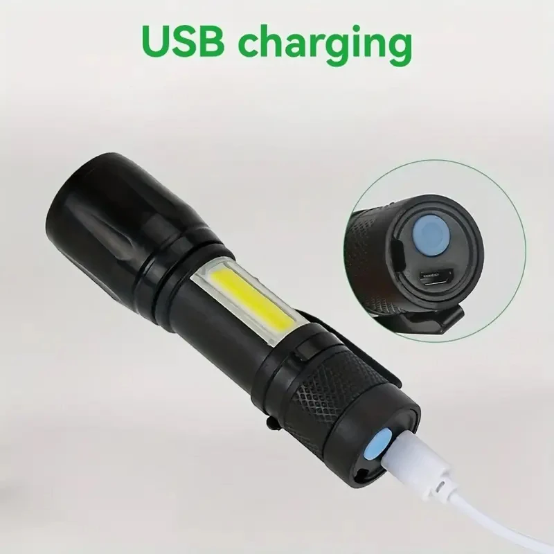 Mini torcia a LED COB + XPE torcia portatile ricarica USB lanterna da campeggio torcia tattica con luce di messa a fuoco zoomabile con clip per penna