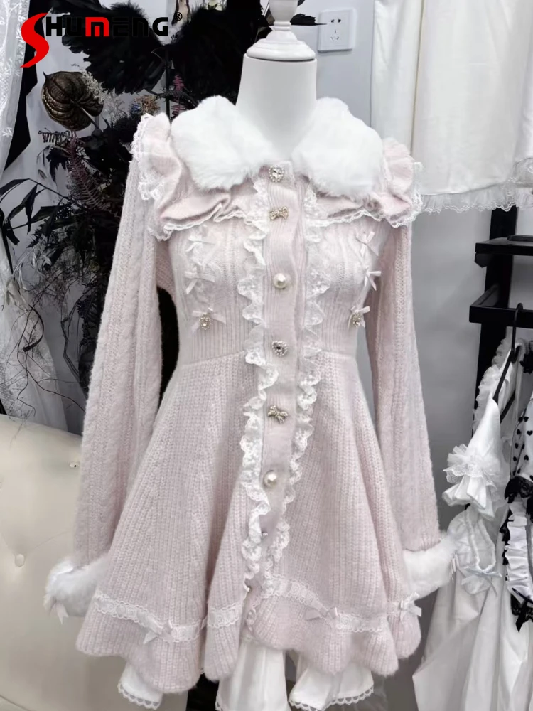 

Japanese Sweet LIZ Knitted Dresses Plush Doll Collar Long Sleeve Lace Patchwork Single-Breasted Versatile Lolita Dress for Women