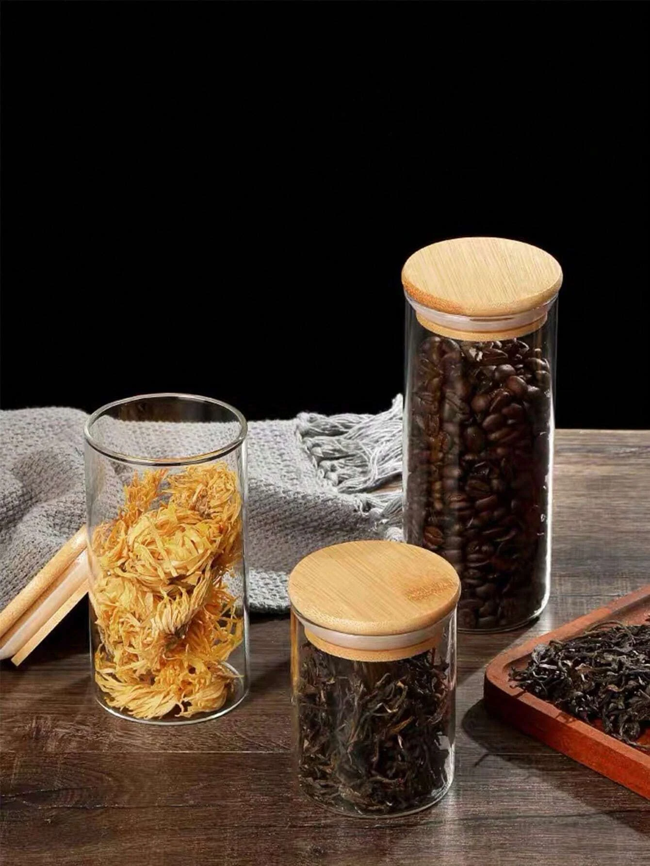 1PC Round Glass Storage Jars with Bamboo Lid for Coffee Beans Grains Noodles food Storage Containers Kitchen Organizers Storage