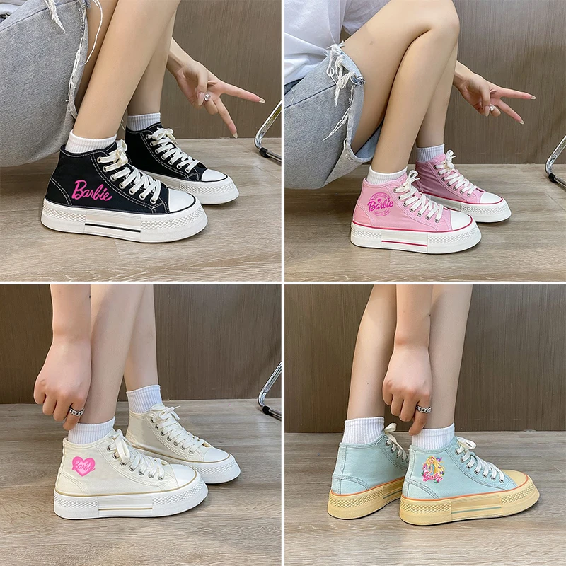 New Barbie Kawaii High-Top Canvas Shoes Anime Spring Autumn Fashion Casual Boys Girls Sneakers All-Match Comfortable Board Shoe